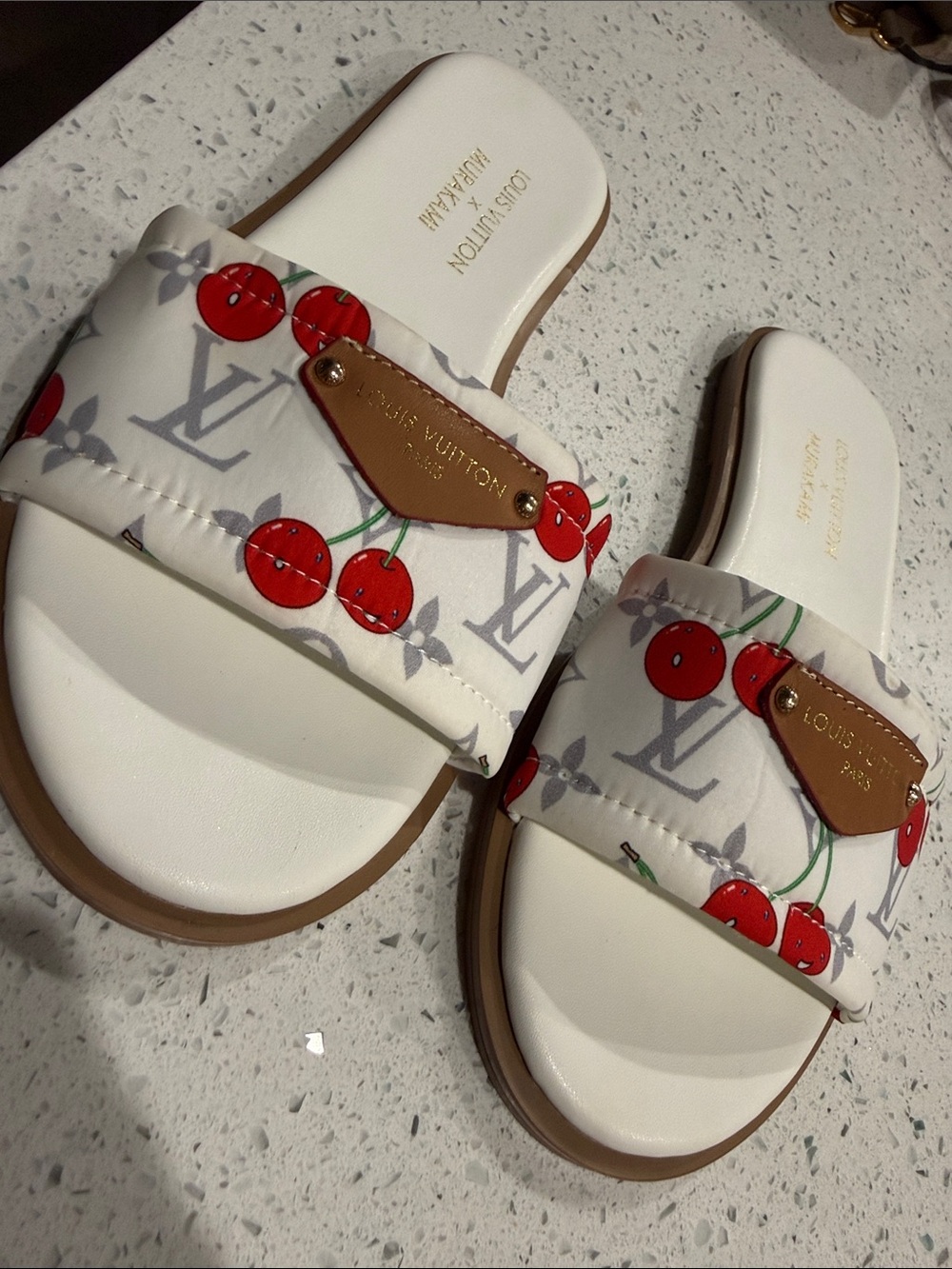 Louis Vuitton White Cherry Monogram Slide Sandals with Gold Plaque